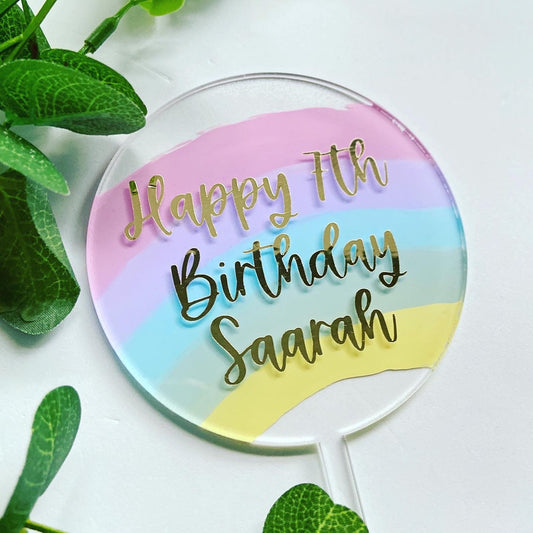 Personalised Pastel Rainbow Acrylic Circle Cake Topper