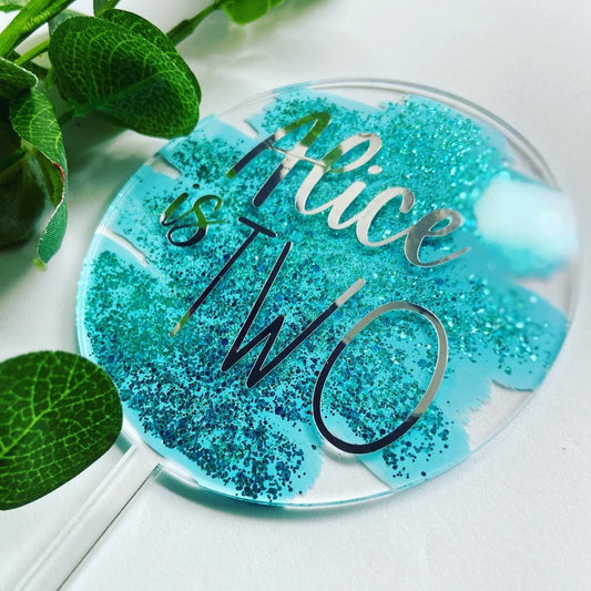 Personalised Blue Turquoise Glitter Acrylic Cake Topper