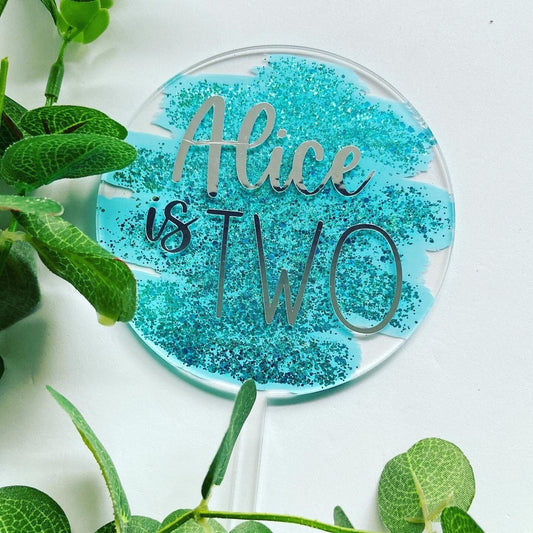 Personalised Blue Turquoise Glitter Acrylic Cake Topper