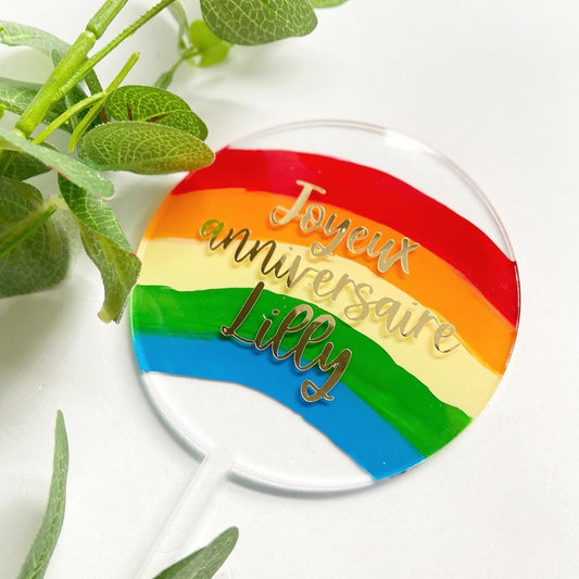 Personalised Bright Rainbow Cake Circle Topper